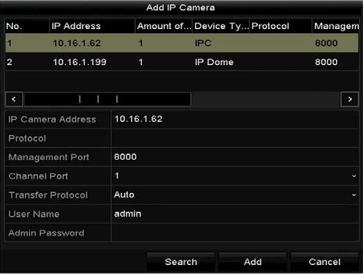 Figure 2. 27 Quick Adding IP Camera Interface Or you can choose to custom add the IP camera by editing the parameters in the corresponding textfiled and then click the Add button to add it.
