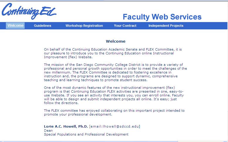After selecting the Flex button from CE Faculty Web Services, the Flex Welcome page displays.