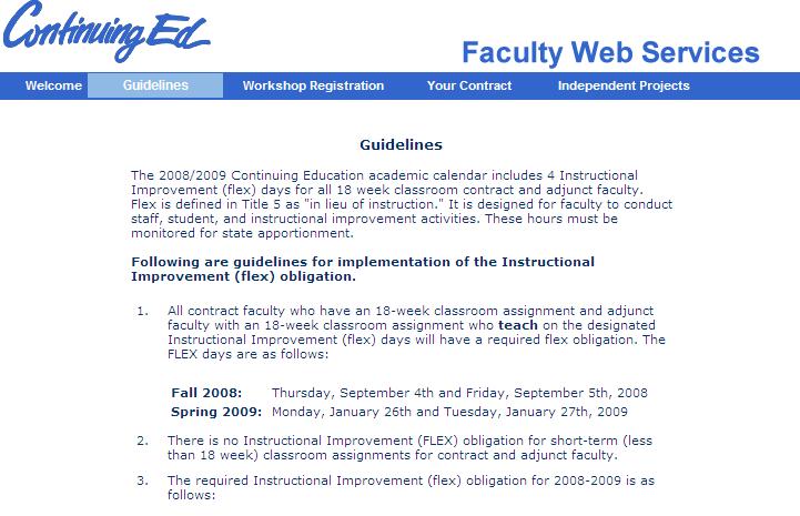 The Guidelines page provides information on the flex obligation for contract and adjunct faculty, instructional improvement activities examples, flex days, flex deadline dates,