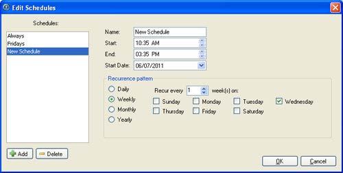 Setup Figure B. Edit Schedules dialg bx. a. T add a new schedule, click Add then enter a name fr the new schedule. b. T edit a schedule, select a schedule frm the list and make the required changes.