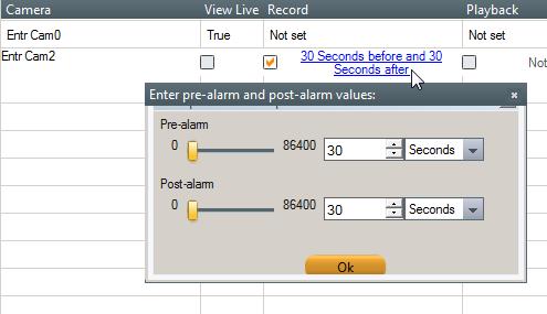 Alarm Management 4. For each selected camera, you can click on the camera entry to display 3 check boxes which allow you to configure 58 when and for how long the camera s content is to be used. a. View Live Check or uncheck the 'View Live' box to Show/Not show the Live Content b.
