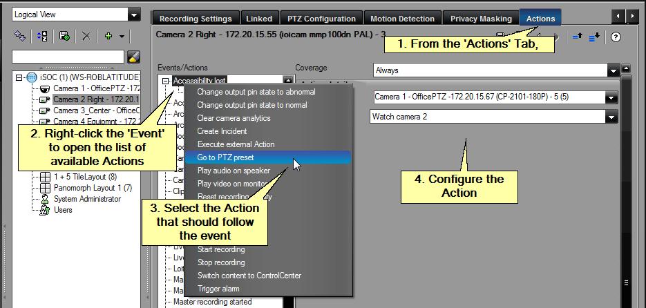 APPENDIX 1 - How to Configuration Information Figure 74 - Configuring an Action 2. From the list of available events, right-click on the Event which you wish to use as the trigger for the action. 3.
