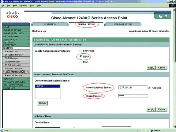 5 Scroll down from Local RADIUS Server under the General Setup tab and define the individual users with their