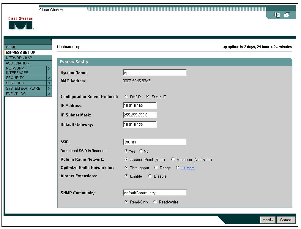Figure 6 The redesigned GUI in the Aironet 1100 Series provides intuitive browser-based management for basic configuration of the access point.