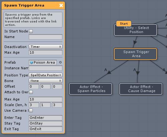 Notice the Enter Tag property on Spawn Trigger Area? That s a string that we ll use as a Link Action to cause an effect to happen on someone who enters the trigger area.