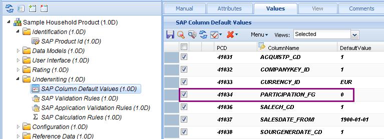 6. If a column detail has a default value, open the SAP Column Default Values component, create a row, enter the column name and its default value, and select the row, as shown in the following
