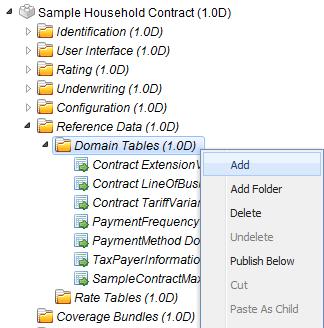 3. In the entity's Reference Data > Domain Tables folder, add (search and assemble) the domain table that you created in your company library, as