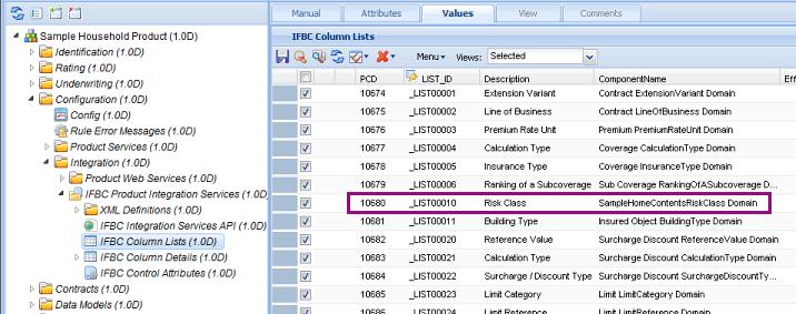 2. In your product, open the IFBC Column Lists component, create a row, and enter information to define the domain table that you created in your company library.
