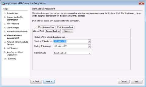 c. The Client Address Assignment window now displays the newly created remote user IP address pool.