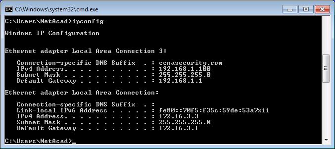 c. From a command prompt on the remote host PC-C, verify the IP addressing by using the ipconfig command.