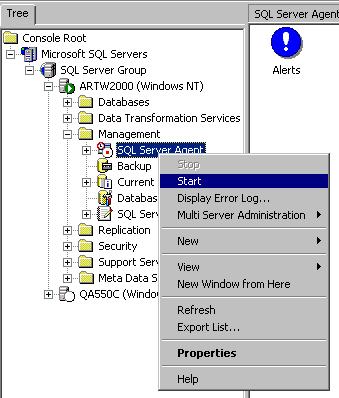 Chapter 4 Configuring SQL 2000 3. Right-click the SQL Server Agent within this folder and select Start from the pop-up menu (Figure 4.2).