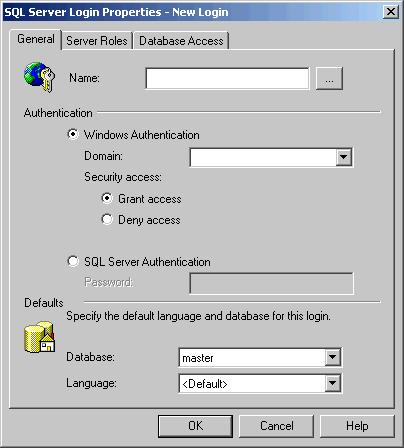 Chapter 4 Configuring SQL 2000 3. Right-click the Logins folder and select New Login from the pop-up menu. The SQL Server Login Properties - New Login dialog box displays (Figure 4.7). Figure 4.