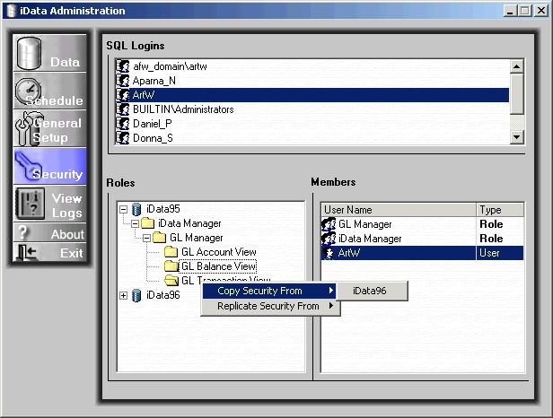 Chapter 5 Configuring and Administering idata 2. Right-click and select Copy Security From from the pop-up menu. A second pop-up menu displays the available divisions. For example, in Figure 5.