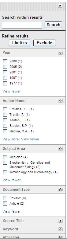 Refine your results Limit to or exclude results based on lists of Source titles, Author names, Year,
