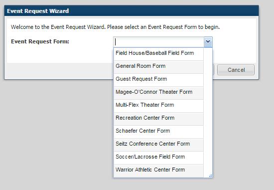 This will bring you to the form selection screen. Step 4: Selecting the right form After selecting Event Request you will be taken to a new page with a drop down box with request forms.