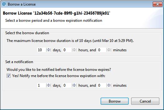 Figure 1.20. Customising the borrow period and notification The above dialog also lets you customise a notification for when the borrow expires.