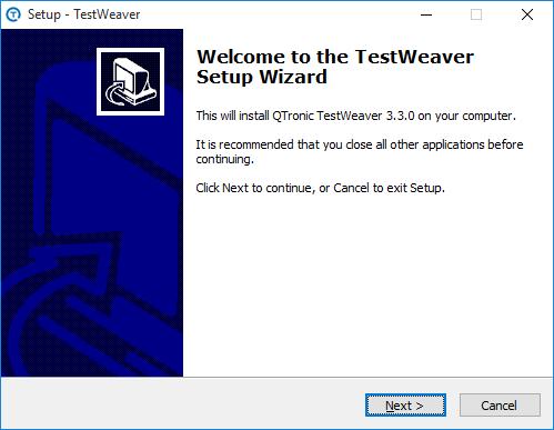 Figure 1.1. The TestWeaver installer When selecting the components to be installed, you have to first choose between the full product option and the LIGHT product option - see. Figure 1.2.