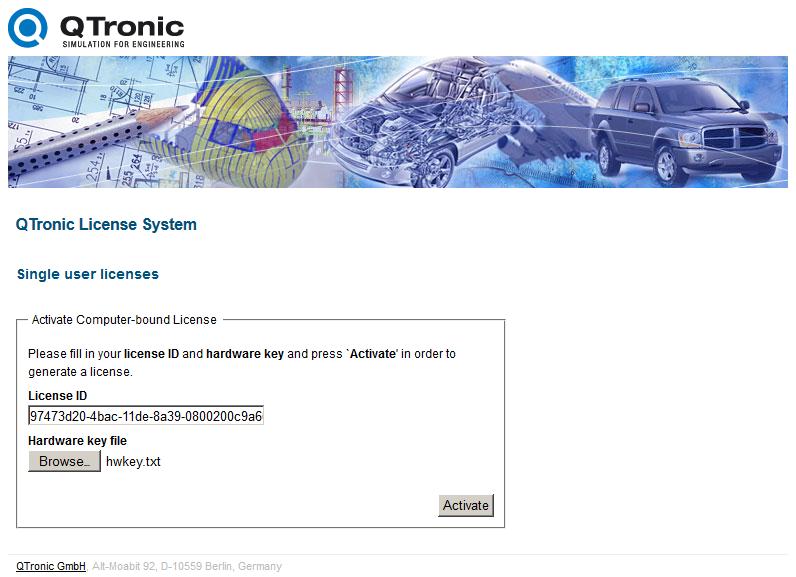Figure 1.4. The activation page for computer-bound licenses If you cannot access the activation page or if checking out the license file fails, write to support@qtronic.de.
