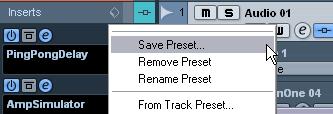 Saving insert effect combinations You can save the complete insert effect rack for a channel together with all parameter settings as an inserts preset.