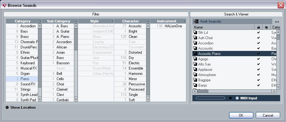 Using the Browse Sounds dialog 1. Open the Project menu Add Track submenu and select Browse Sounds. The Browse Sounds dialog is opened.