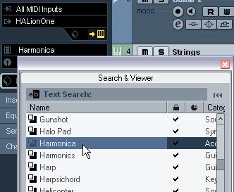 The Viewer section of the Browse Sounds dialog displays all preset sounds for all track types and all VST instruments.