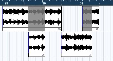Lanes can make it easier to work with several audio events in a part: In the upper figure it is unnecessarily hard to discern, select and edit the separate events.