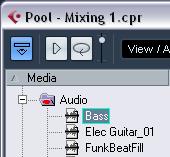 How clips are displayed in the Pool Audio clips are represented by a waveform icon followed by the clip name. Video clips are represented by a camera icon followed by the clip name.