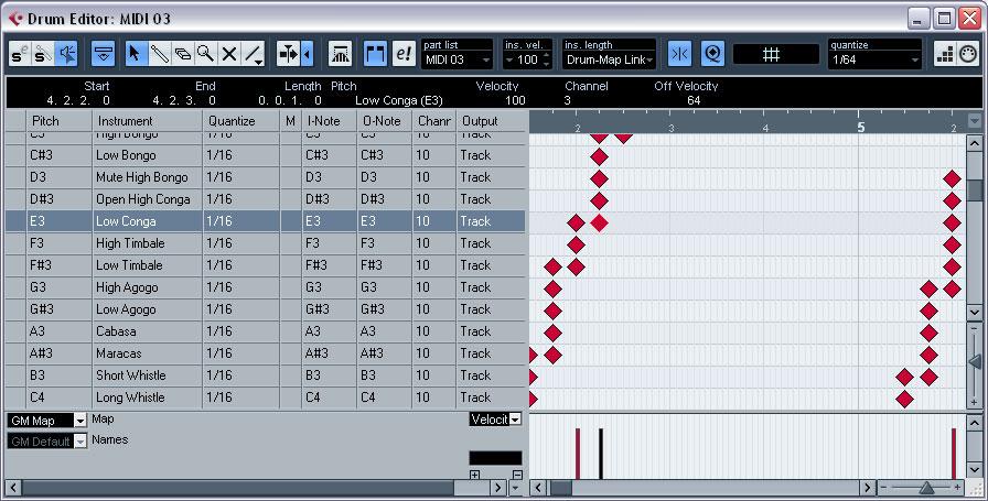 The Drum Editor Overview Toolbar Ruler Drum sound list Note display Drum maps Controller display The toolbar and info line These are much the same as the toolbar and info line in the Key Editor (see