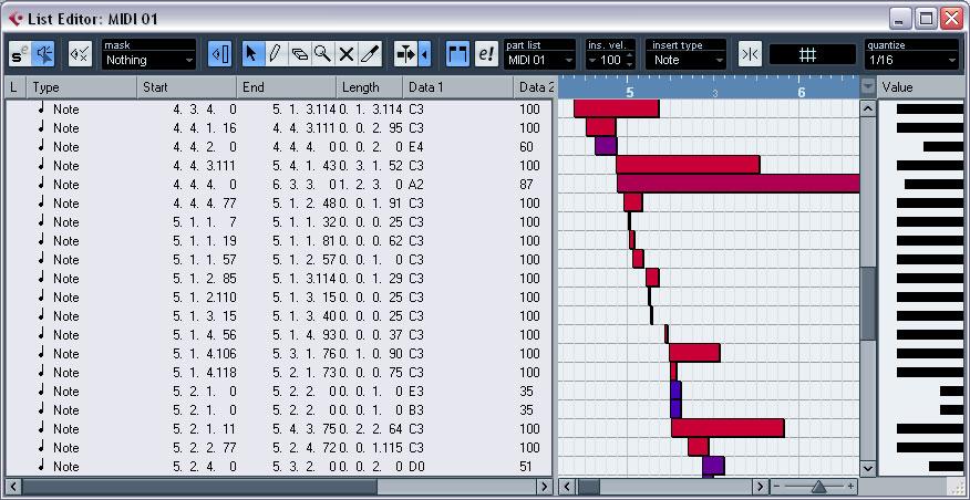 The List Editor Overview Toolbar Ruler Value display Event list Event display The toolbar The toolbar contains several items that are the same as in the Key Editor (edit solo, snap, quantize