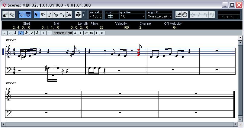 The Score Editor Overview Toolbar Extended Toolbar Info line The Score Editor shows the MIDI notes as a musical score.