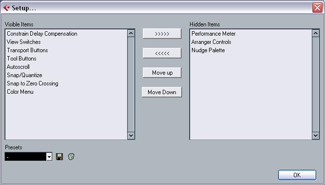 Setup dialog, where you can configure which items of the respective window area or panel are to be shown or hidden and where they should be located see Using the Setup options on page 298.