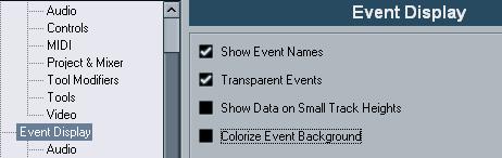 When this is deactivated, the event content, e.g. MIDI events and audio waveforms, are displayed in the selected color and the event background is gray.