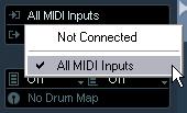 The items on the menu depend on the type of MIDI interface you are using, etc. If you select the All MIDI Inputs option, the track will receive MIDI data from all available MIDI inputs.