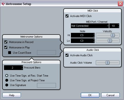 Metronome settings You make settings for the metronome in the Metronome Setup dialog, opened from the Transport menu.