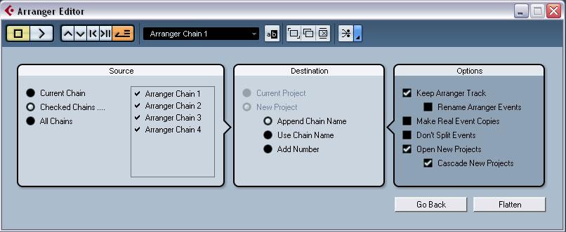Flattening the Arranger chain When you have found an Arranger chain that suits your purposes, you can flatten it, i.e. convert the list into a linear project. Proceed as follows: 1.