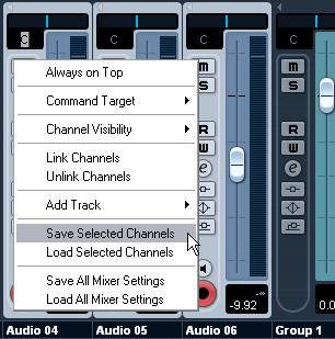 Saving mixer settings It is possible to save complete mixer settings for all or all selected audio-related channels in the Mixer. These can later be loaded into any project.