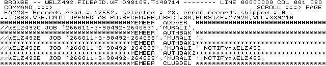 List of members will be listed, type F text1. (Eg., F JOB) The member name and the result of the find criteria are displayed as above.