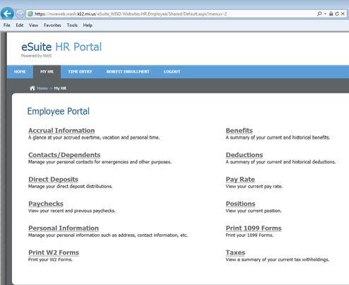 3. The Employee Portal will then display. It contains links to the different types of employee information that you can access as an employee.