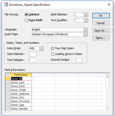 Clicking on the Advanced button on this and previous pages allows you to set additional options, as well as save the export specifications to use again with a future export.