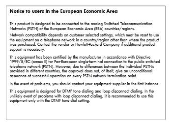 Appendix A Notice to users in the European Economic Area Notice to users of the German telephone network Australia wired fax statement European Union Regulatory Notice Products bearing the CE marking