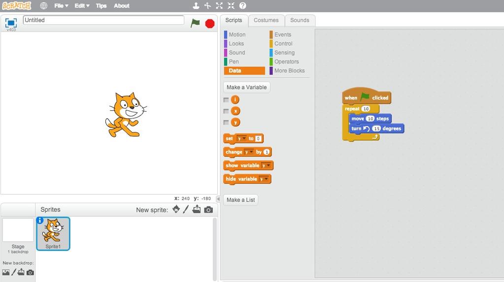 2.2 Debugging in Other Blocks Languages 2.2.1 Scratch Scratch 2.0 [Scr] is a blocks language for programming animations, games, and stories. The blocks control the actions of sprites on a canvas.
