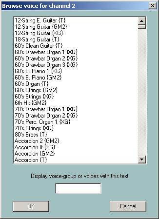 Selecting a voice with the voice browser Only possible with a suitable instrument definition installed.