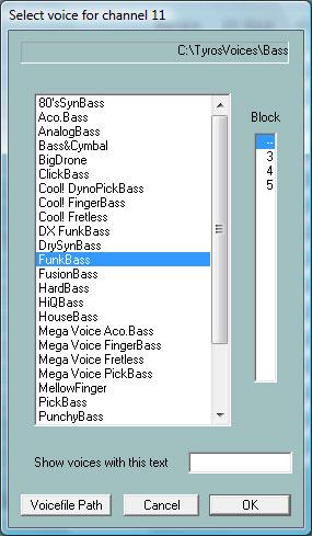 For revoicing, we have to push one of the buttons "R" and another window appears: After selecting the voicefile path "TyrosVoices/Bass" all Preset Voices of "Bass" of the keyboard are listed.
