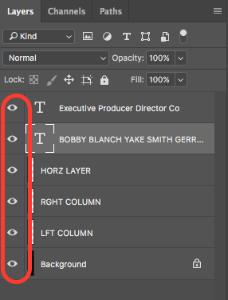 When credits are typed and aligned turn off the reference guides in the Photoshop Layers Window by unchecking the