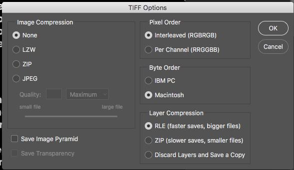 Use these options Image Compression - None Pixel Order - Interleaved Byte Order - Macintosh Layer Compression - RLE Click -