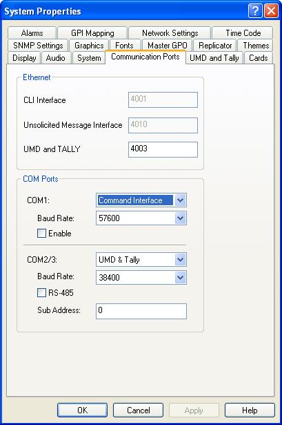 Chapter 4: Using ZConfigurator Click OK when done. Communication Ports The port number used here is in addition to the tally port configuration on the Communication Ports tab on page 51.
