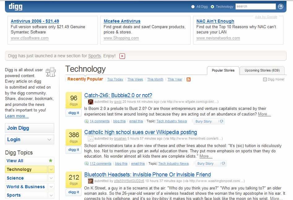 Figure 6. A screenshot from Digg This could be envisaged as a collaborative search strategy in which the users act as a filter of the current information overload on the Web.