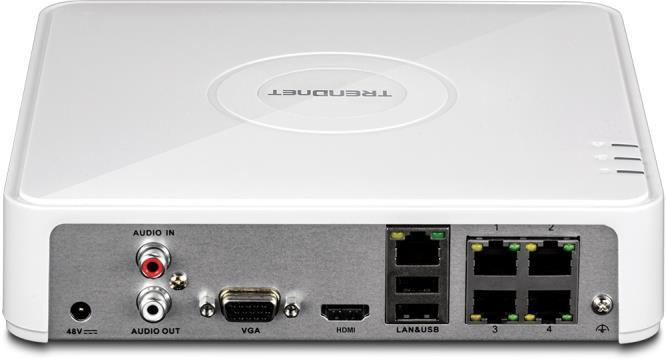 The LEDs on network port are always off Power: Audio In: Audio Out: VGA: HDMI: USB: Network: PoE: Grounding Point: Power socket of camera (48V DC, 1.