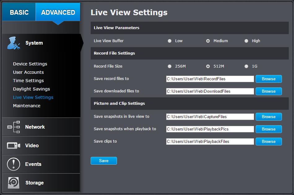 Live View Settings Setup the live view video quality, file size and file saving directories. Record File Settings Record file This size of live view video recording.