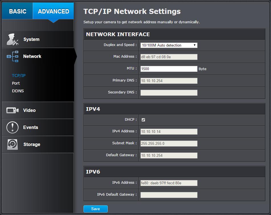 Network Settings TCP/IP Setup your basic IPv4 and IPv6 network settings on this page. Network Interface Duplex and Choose one of the Ethernet duplex and speed to Speed: match your network.